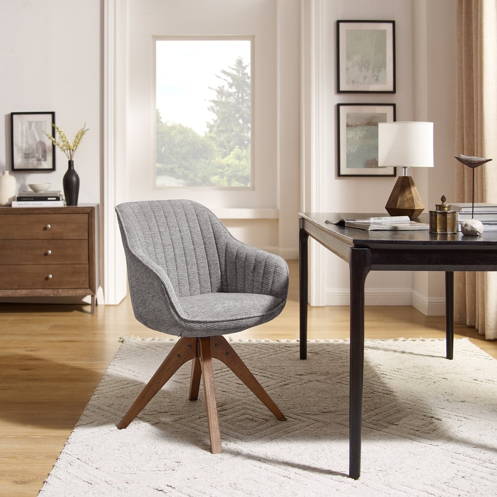 23" Gray Fabric And Natural Swivel Arm Chair