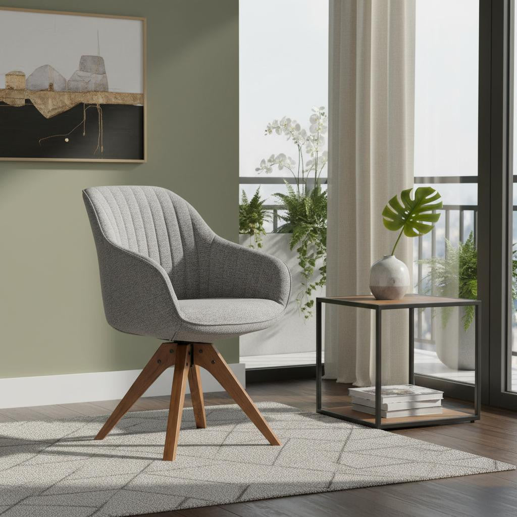 23" Gray Fabric And Natural Swivel Arm Chair