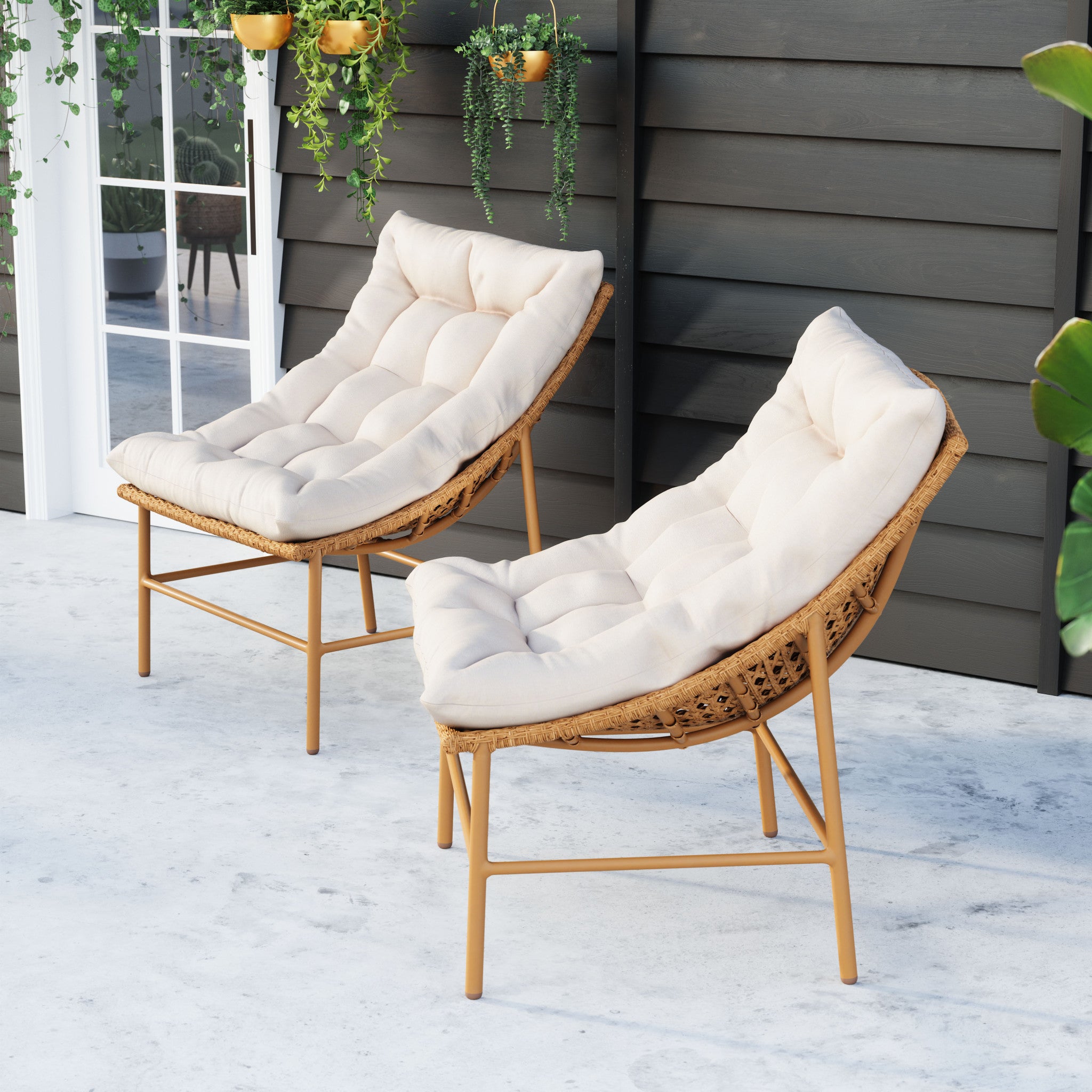 29" Beige and Natural Metal Indoor Outdoor Accent Chair with Beige Cushion