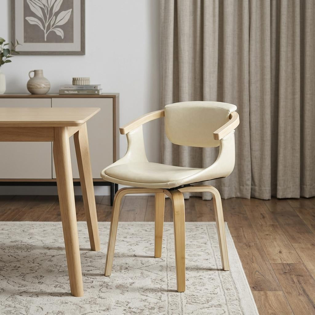 Off White and Natural Upholstered Faux Leather Dining Arm Chair