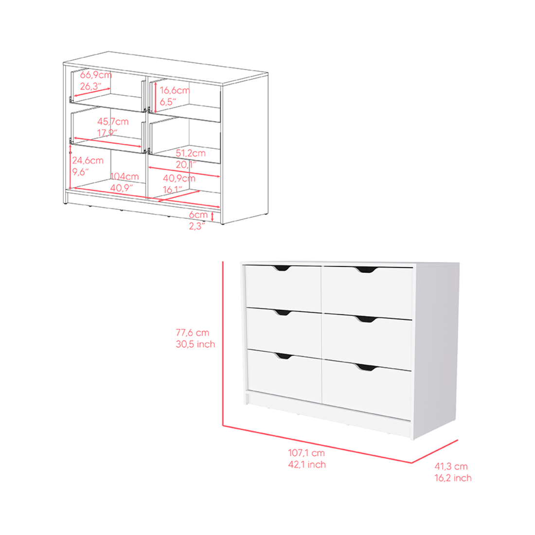 42" White Four Drawer Dresser