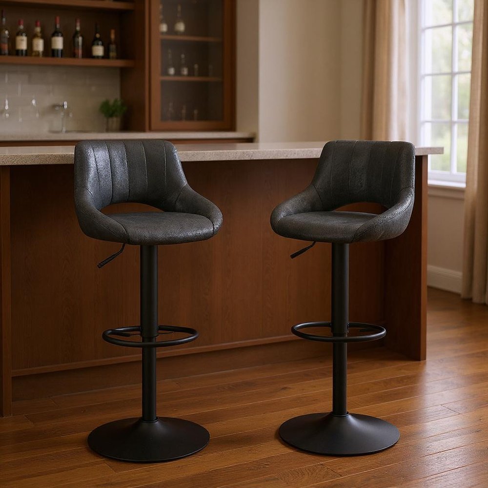 Set of Two 32" Black Faux Leather And Steel Swivel Low Back Adjustable Height Bar Chairs