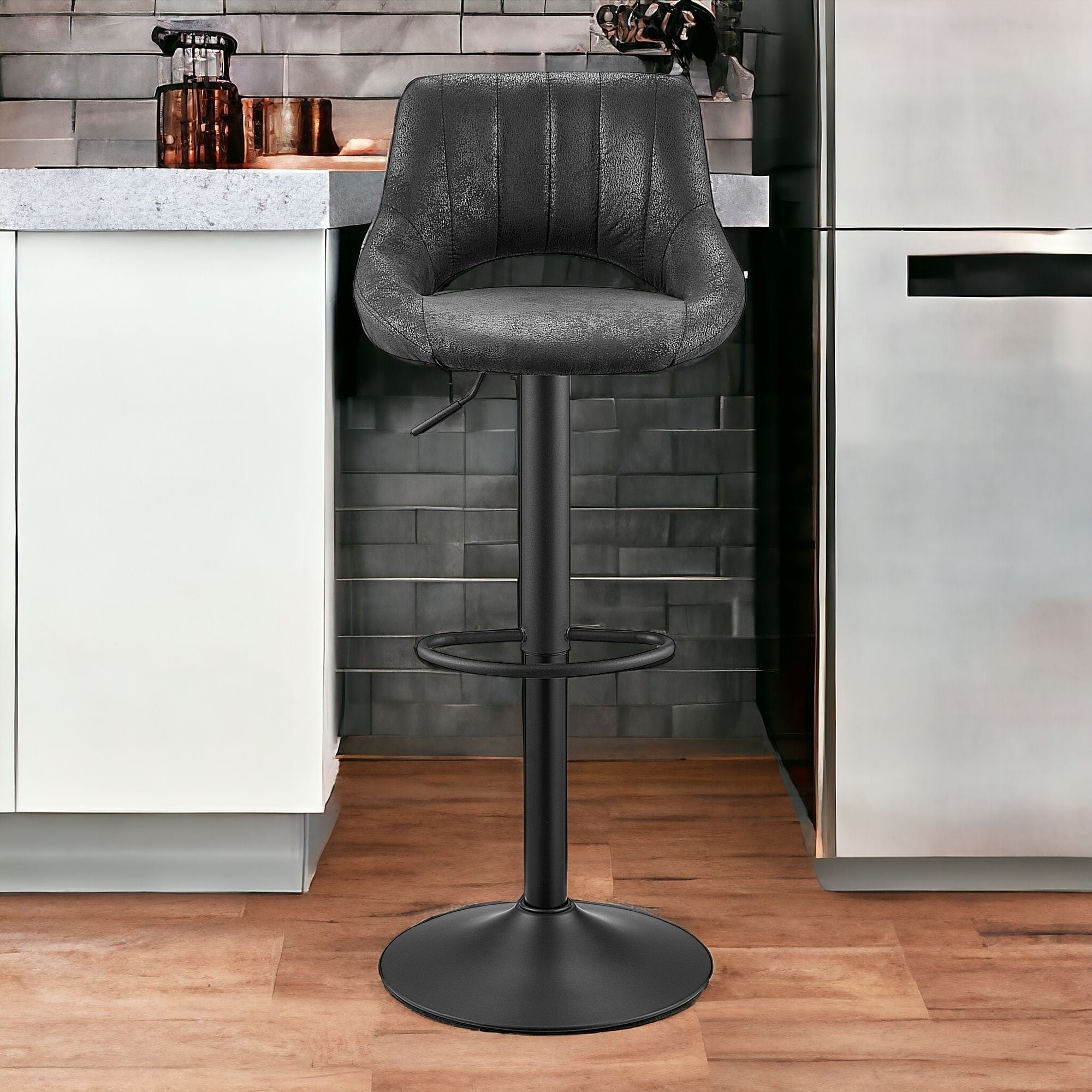 Set of Two 32" Black Faux Leather And Steel Swivel Low Back Adjustable Height Bar Chairs