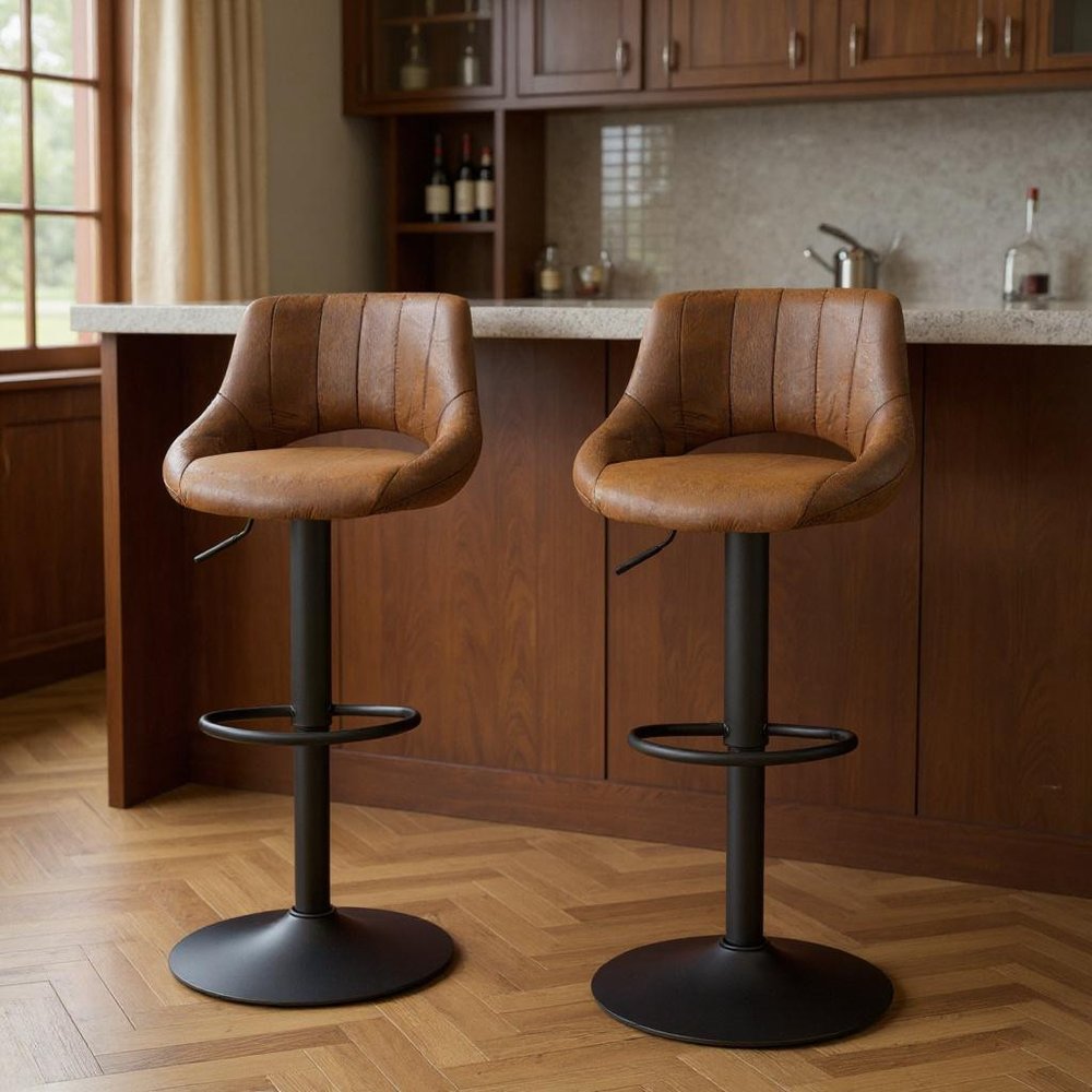 Set of Two Brown and Black Faux Leather and Steel Low Back Adjustable Height Swivel Bar Chairs