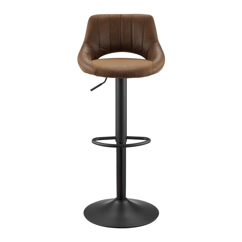 Set of Two Brown and Black Faux Leather and Steel Low Back Adjustable Height Swivel Bar Chairs