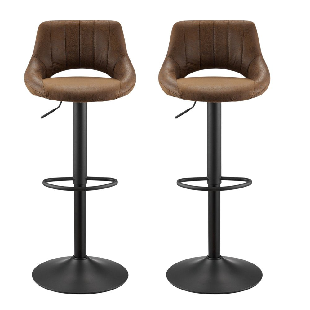 Set of Two Brown and Black Faux Leather and Steel Low Back Adjustable Height Swivel Bar Chairs