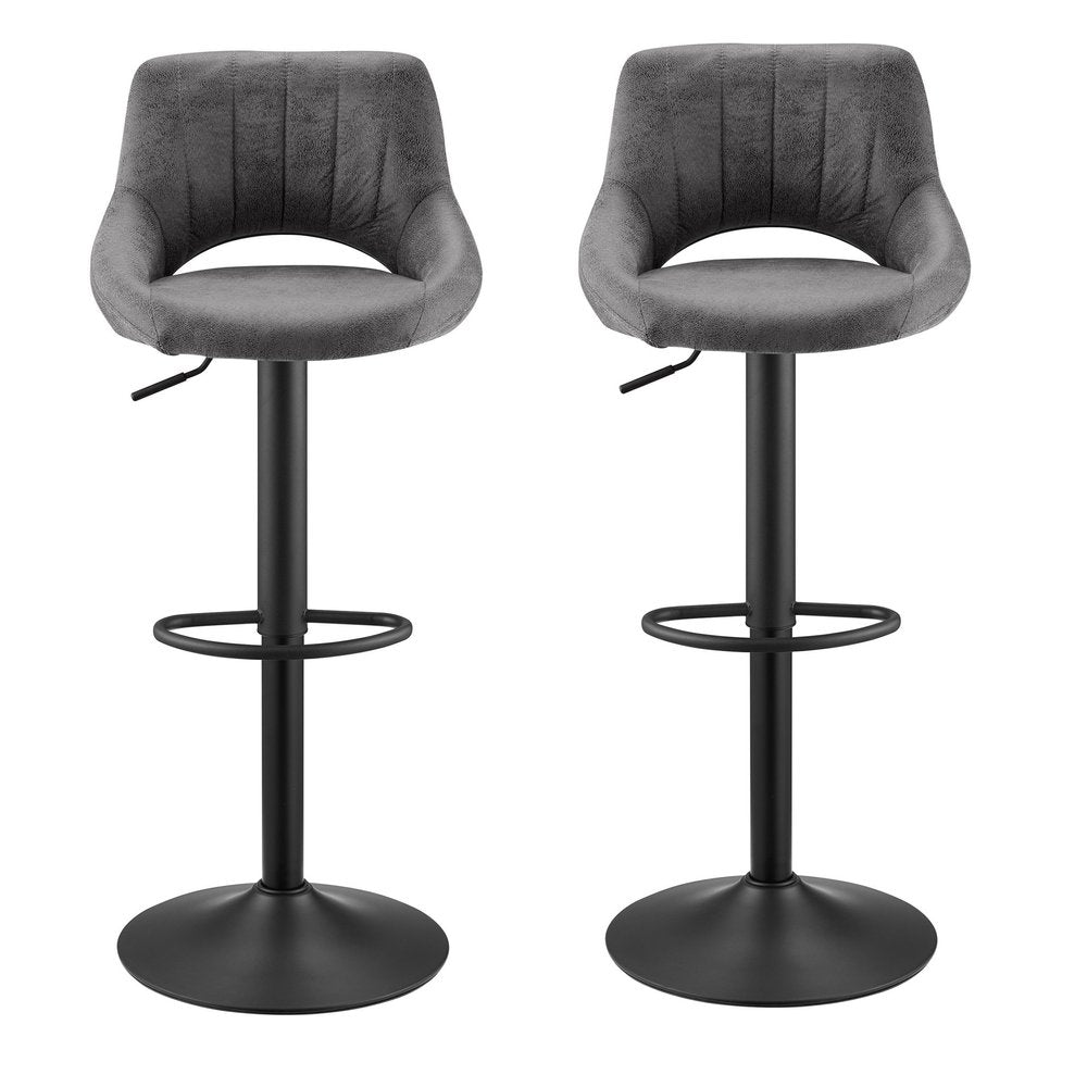 Set of Two 32" Gray And Black Faux Leather And Steel Swivel Low Back Adjustable Height Bar Chairs