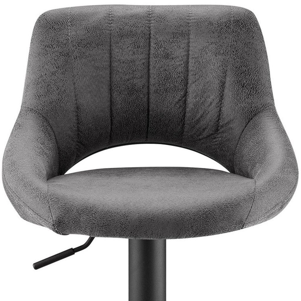 Set of Two 32" Gray And Black Faux Leather And Steel Swivel Low Back Adjustable Height Bar Chairs