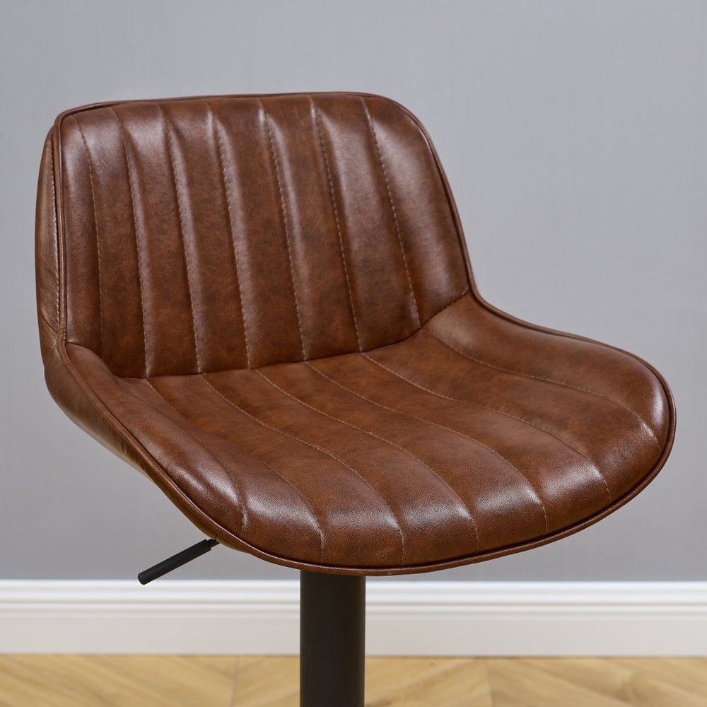 Set of Two Brown and Black Upholstered Faux Leather and Steel Low Back Adjustable Height Swivel Bar Chairs