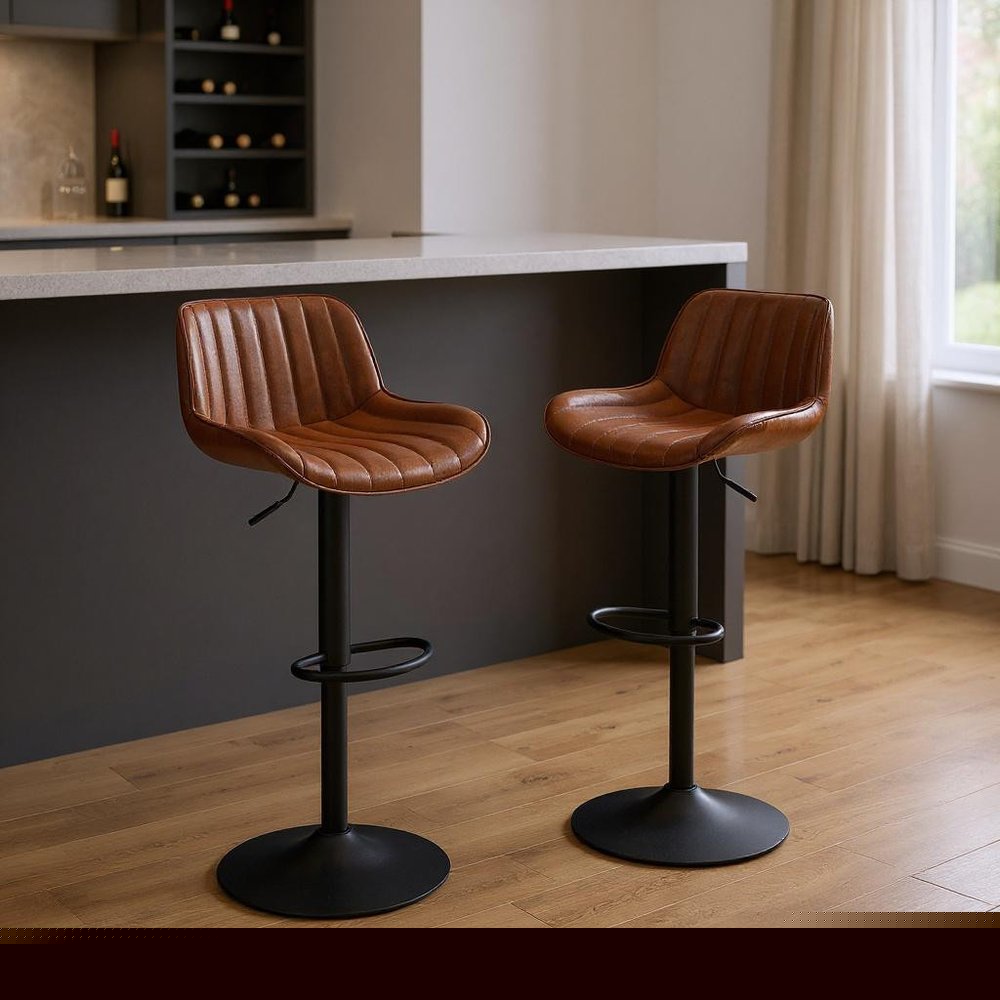 Set of Two Brown and Black Upholstered Faux Leather and Steel Low Back Adjustable Height Swivel Bar Chairs