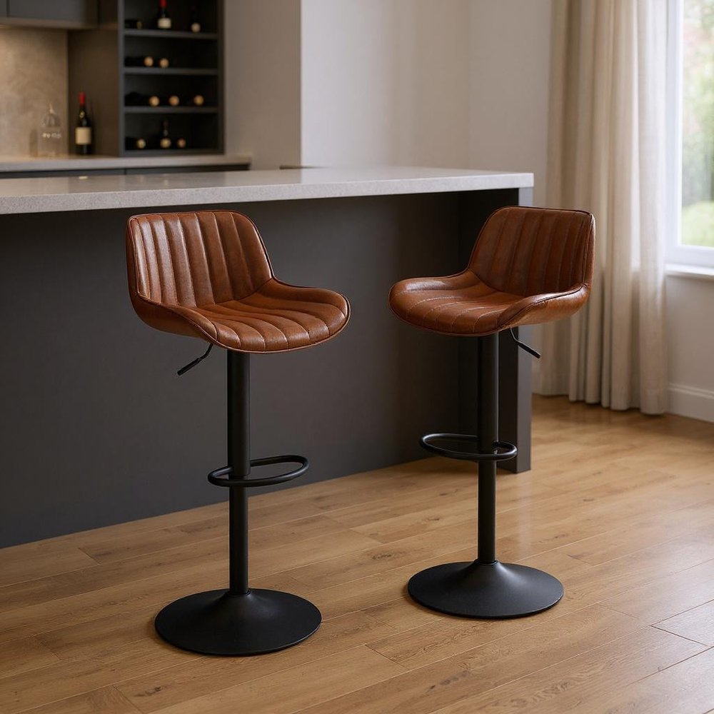 Set of Two Brown And Black Faux Leather And Steel Low Back Adjustable Height Swivel Bar Chairs
