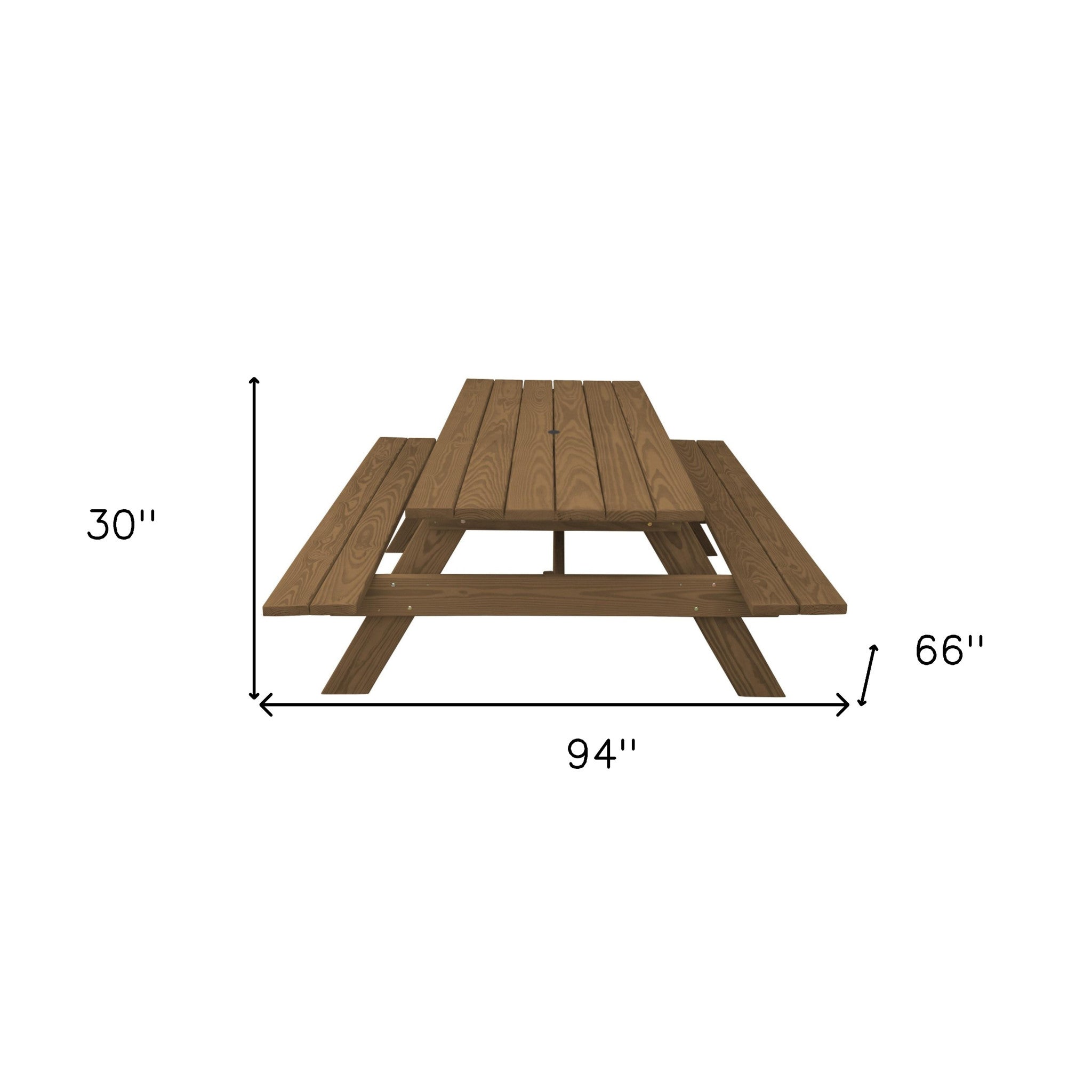 94" Brown Solid Wood Outdoor Picnic Table with Umbrella Hole