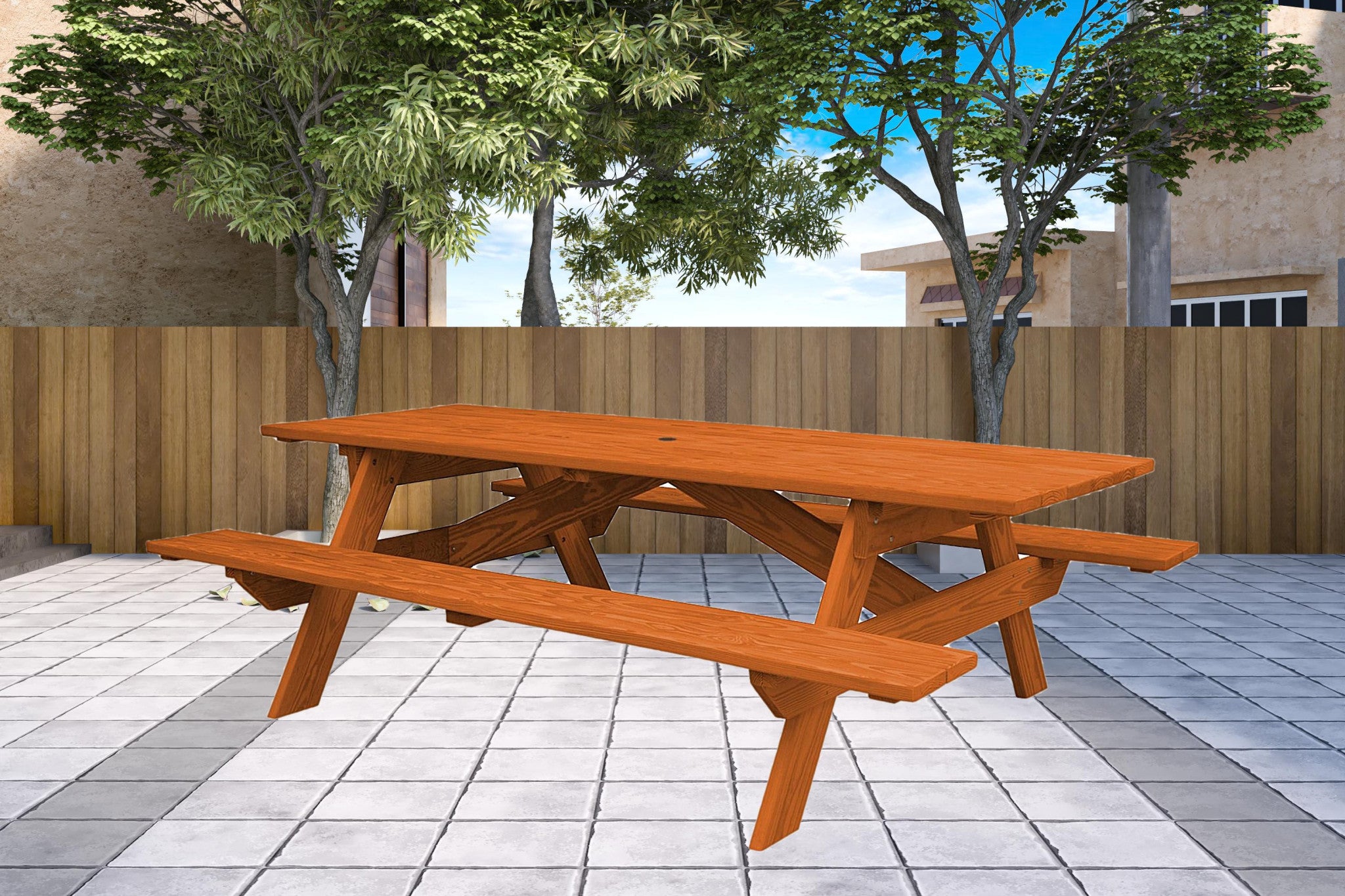 94" Brown Solid Wood Outdoor Picnic Table with Umbrella Hole