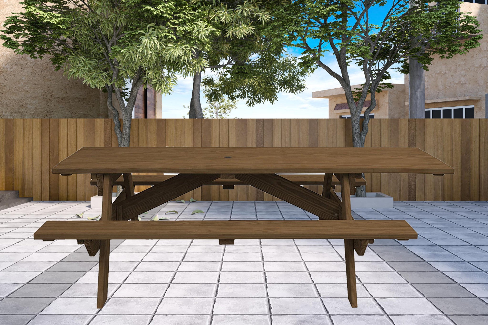 94" Brown Solid Wood Outdoor Picnic Table with Umbrella Hole