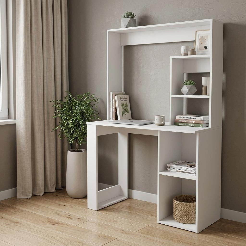 39" White Wood Computer Desk With Hutch