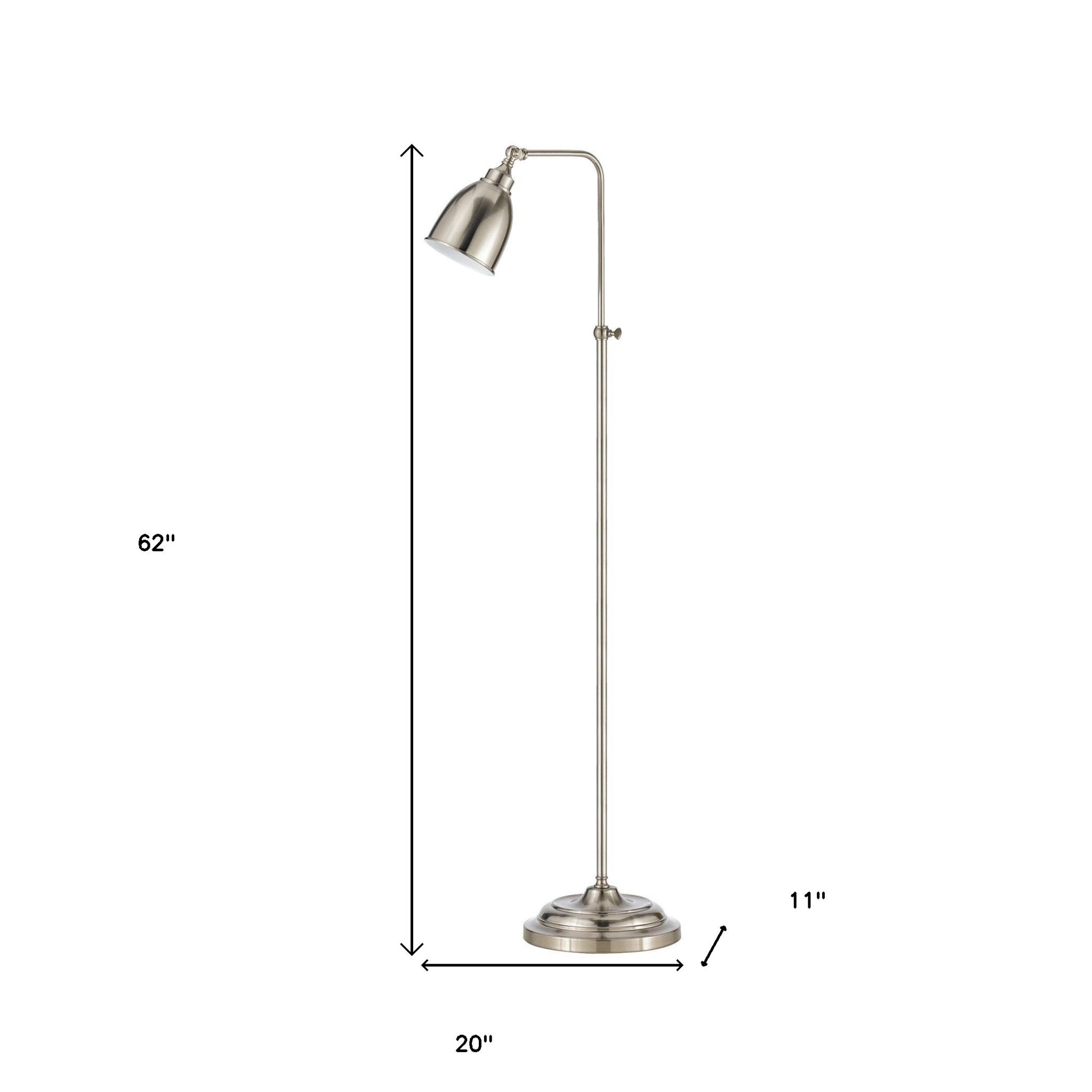 62" Nickel Adjustable Traditional Shaped Floor Lamp With Nickel Dome Shade