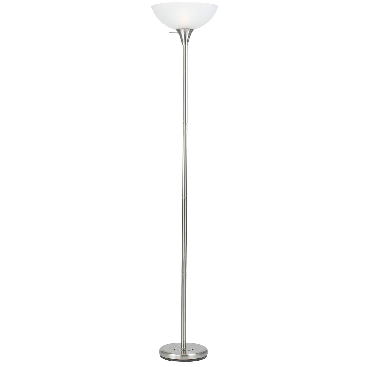 70" Nickel Metal Torchiere Floor Lamp With White Glass Dome Shade