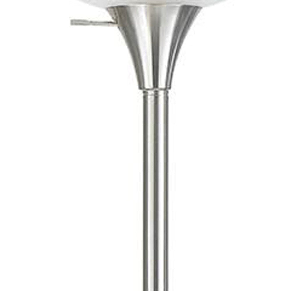 70" Nickel Metal Torchiere Floor Lamp With White Glass Dome Shade
