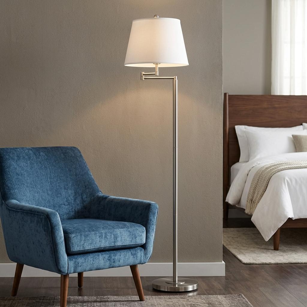 60" Nickel Swing Arm Floor Lamp With White Square Shade