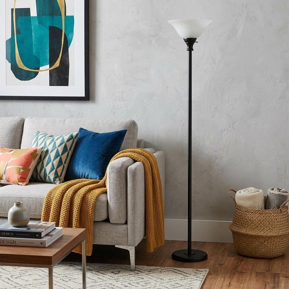 71" Black Torchiere Floor Lamp With Black Glass Dome Shade