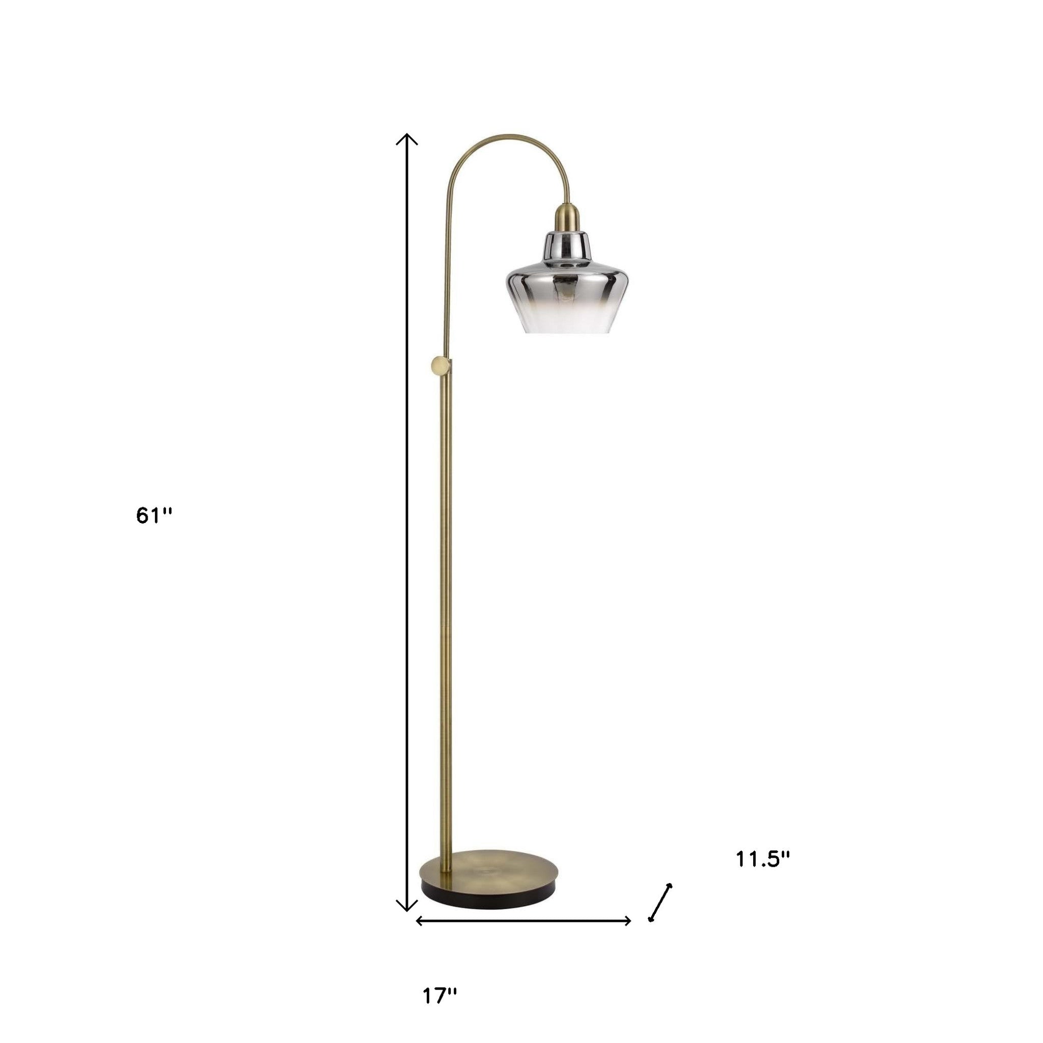 61" Brass Adjustable Arc Floor Lamp With Antiqued Brass Mirrored Glass Novelty Shade