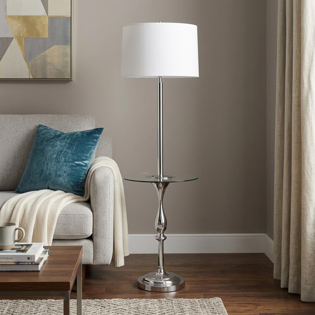 61" Chrome Tray Table Floor Lamp With White Transparent Glass Square Shade