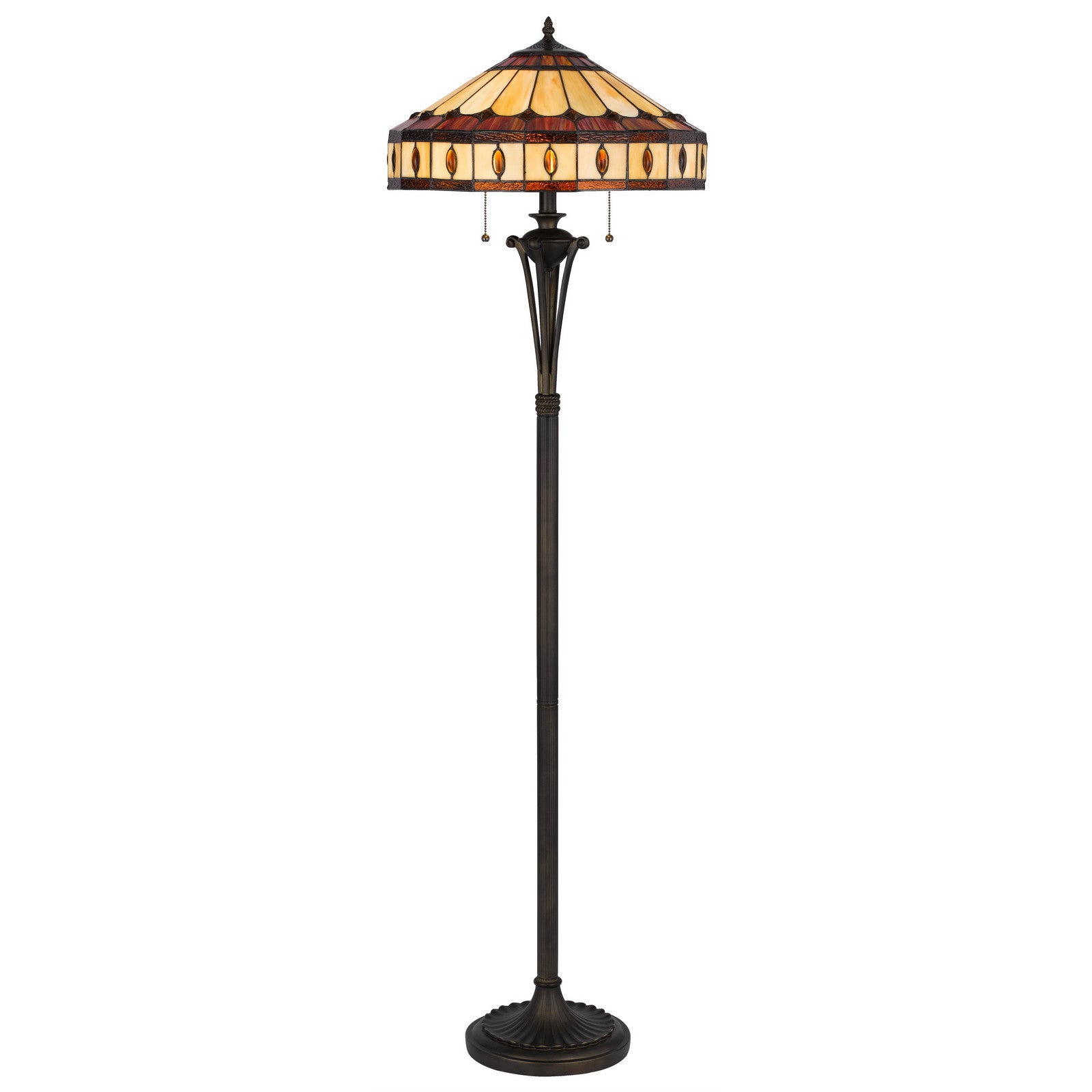 61" Bronze Two Light Traditional Shaped Floor Lamp With Purple and Ivory Abstract Tiffany Glass Empire Shade