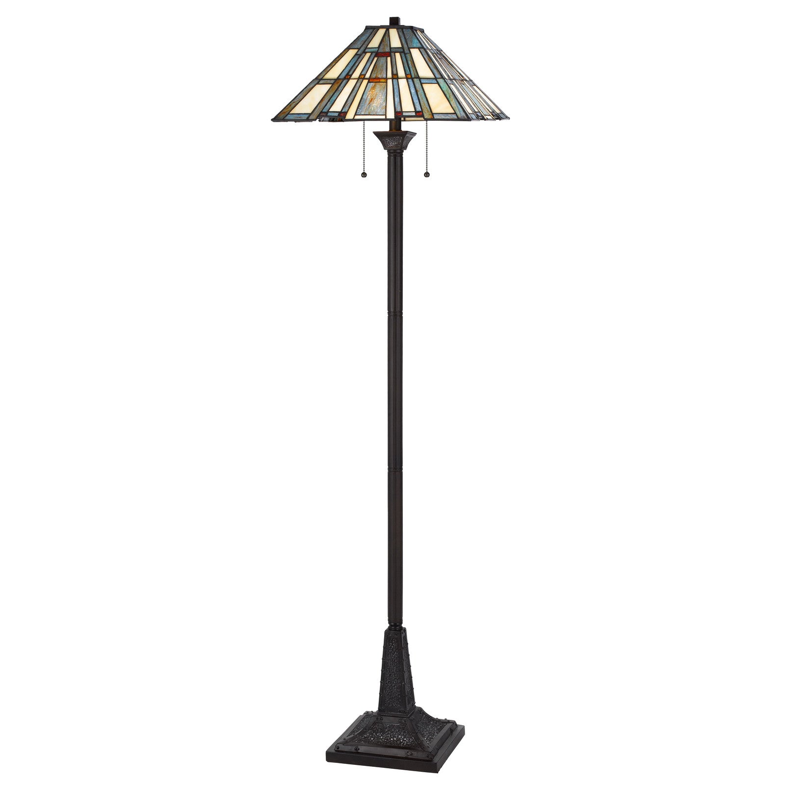 62" Bronze Two Light Traditional Shaped Floor Lamp With Gray and Ivory Abstract Tiffany Glass Empire Shade