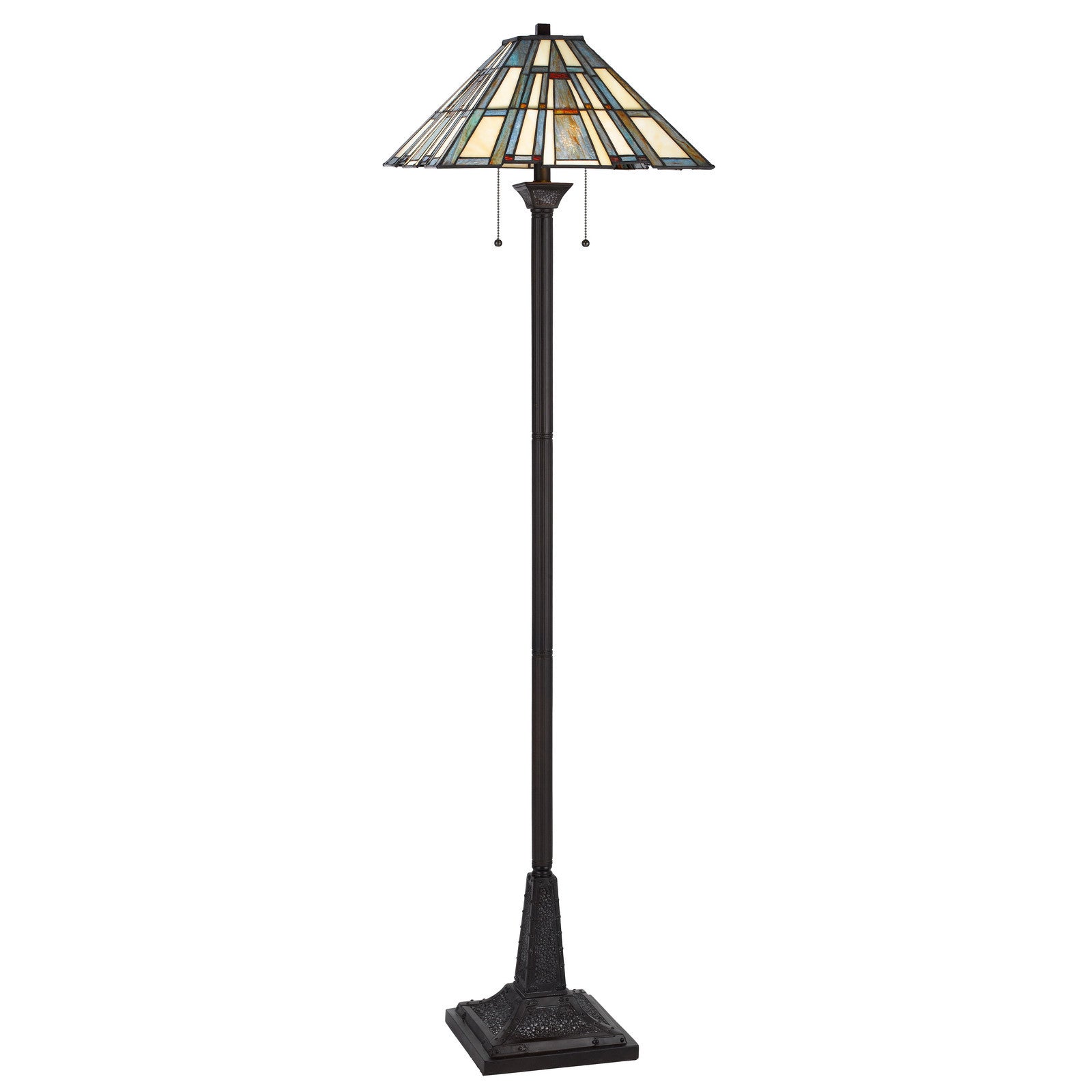 62" Bronze Two Light Traditional Shaped Floor Lamp With Gray and Ivory Abstract Tiffany Glass Empire Shade