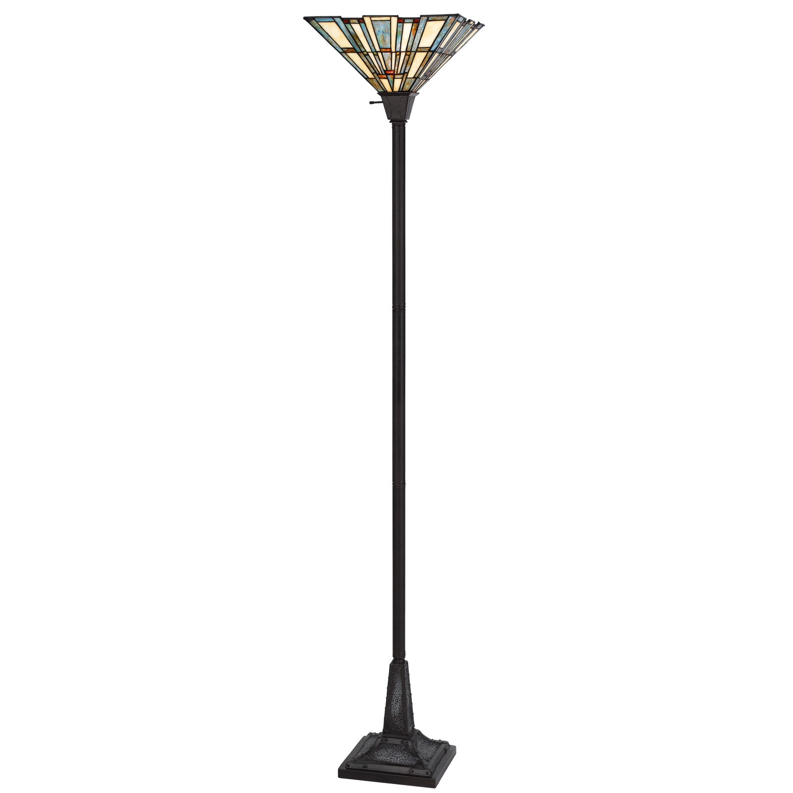 72" Bronze Torchiere Floor Lamp With Gray and Ivory Abstract Tiffany Glass Novelty Shade