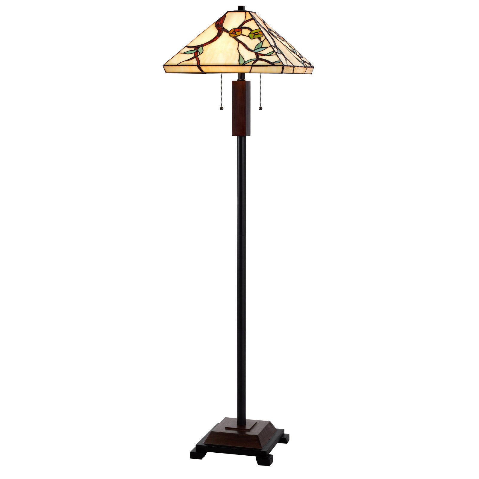 60" Bronze Two Light Traditional Shaped Floor Lamp With Green and Ivory Floral Tiffany Glass Square Shade