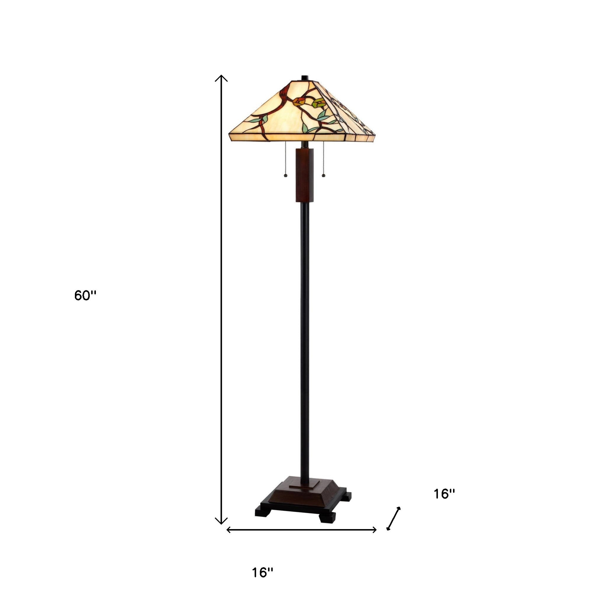 60" Bronze Two Light Traditional Shaped Floor Lamp With Green and Ivory Floral Tiffany Glass Square Shade