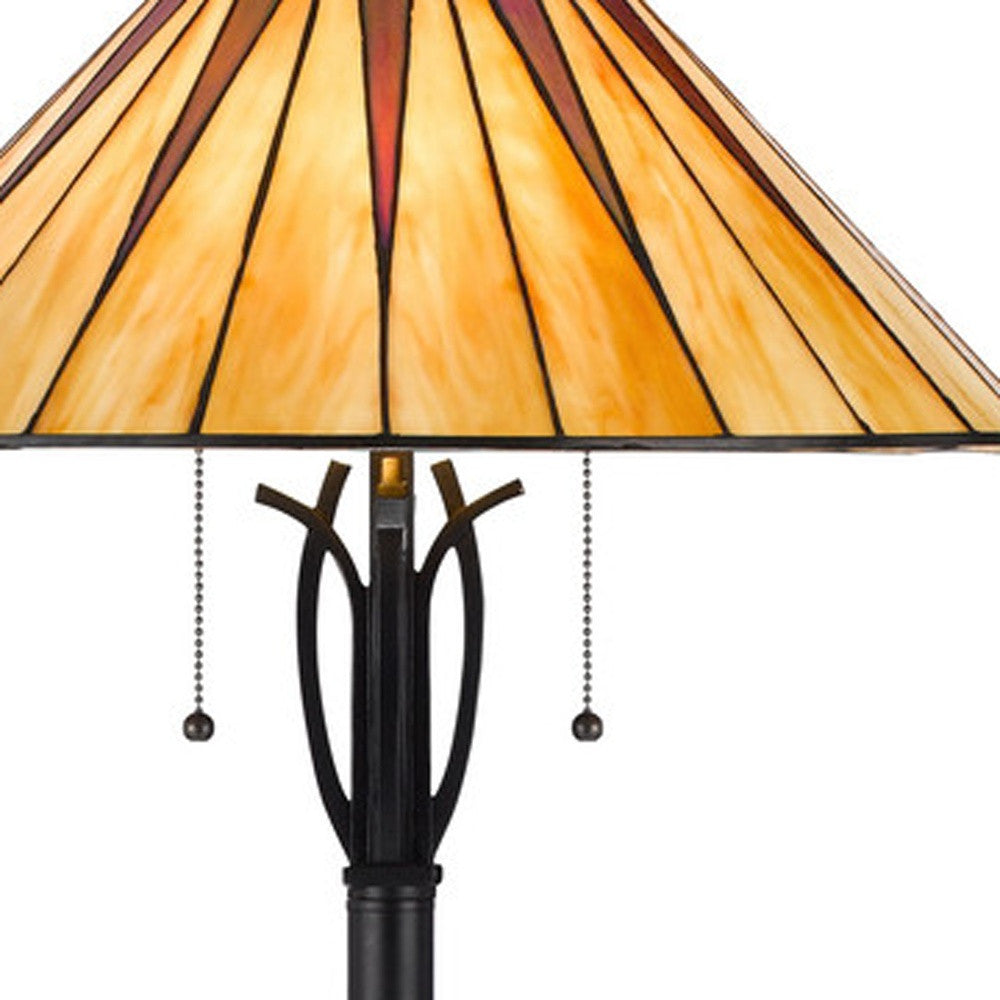 61" Bronze Two Light Traditional Shaped Floor Lamp With Red and Ivory Abstract Tiffany Glass Empire Shade