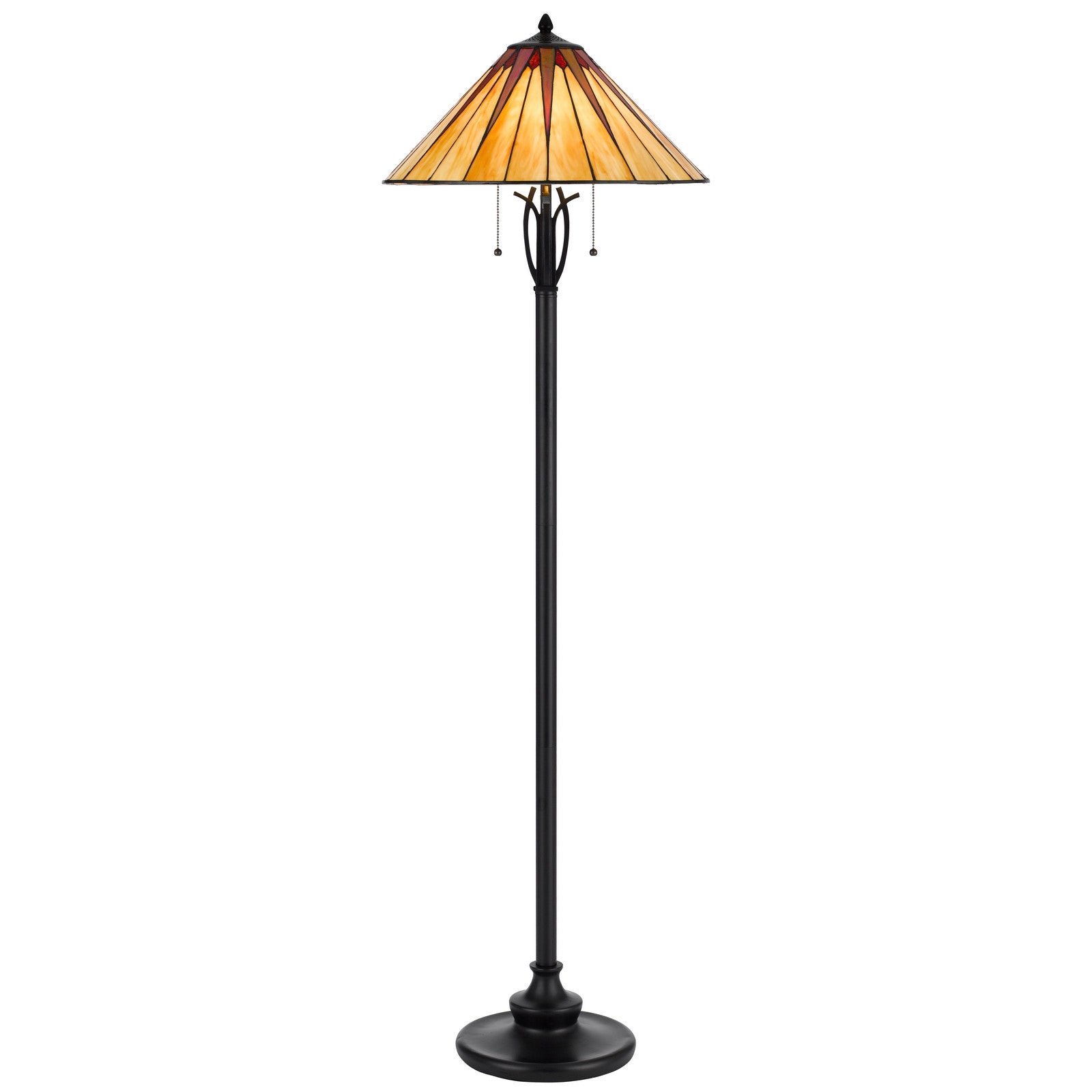 61" Bronze Two Light Traditional Shaped Floor Lamp With Red and Ivory Abstract Tiffany Glass Empire Shade