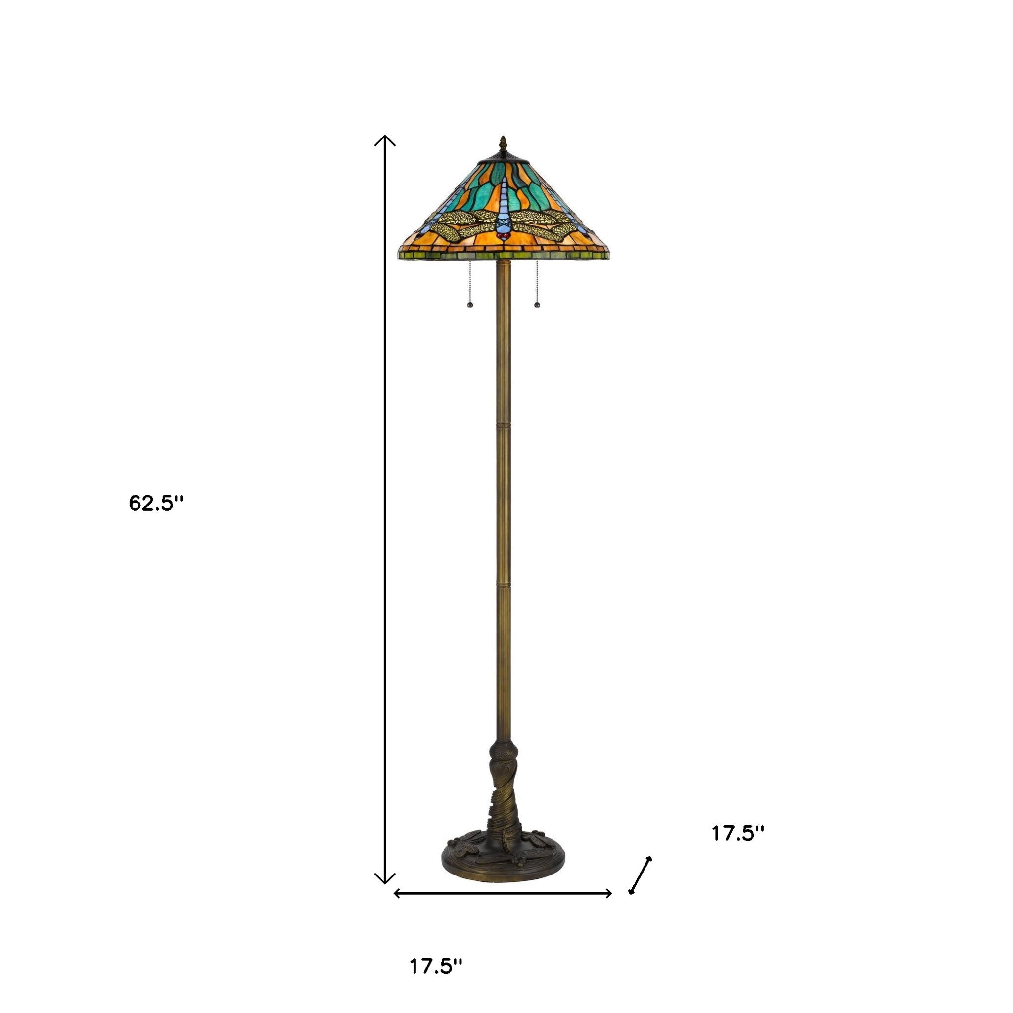 63" Brass Two Light Traditional Shaped Floor Lamp With Blue and Orange Dragonfly Tiffany Glass Empire Shade