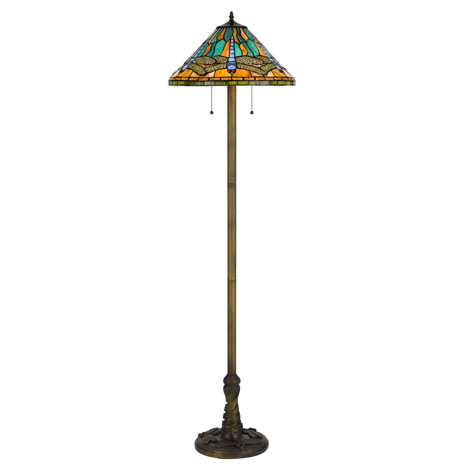 63" Brass Two Light Traditional Shaped Floor Lamp With Blue and Orange Dragonfly Tiffany Glass Empire Shade