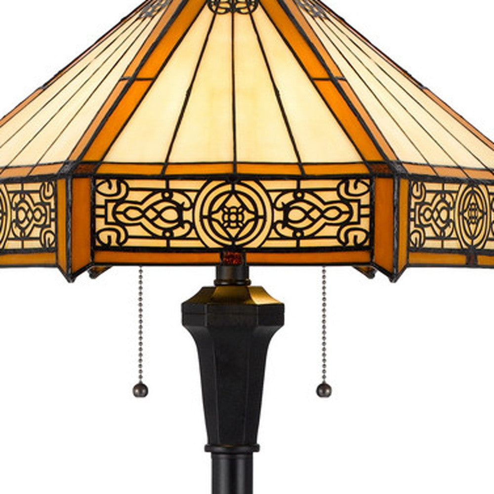 60" Bronze Two Light Traditional Shaped Floor Lamp With Orange and Ivory Abstract Tiffany Glass Empire Shade