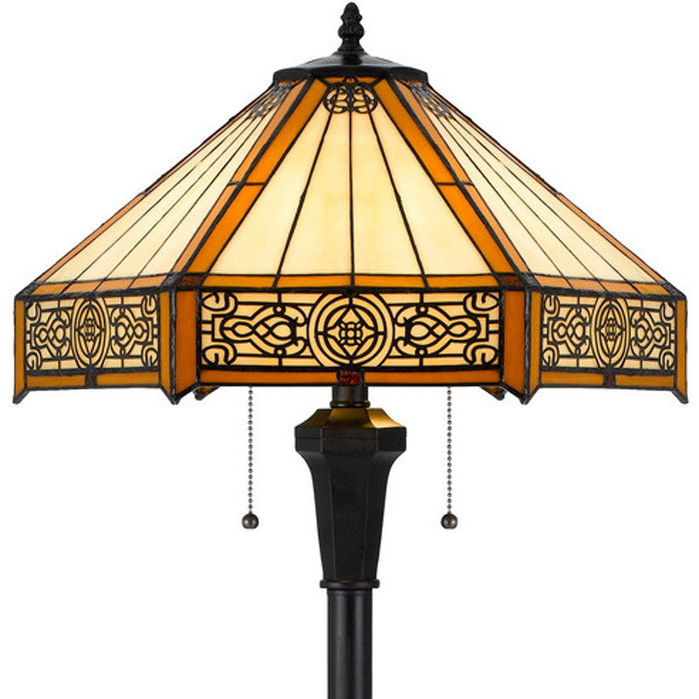 60" Bronze Two Light Traditional Shaped Floor Lamp With Orange and Ivory Abstract Tiffany Glass Empire Shade