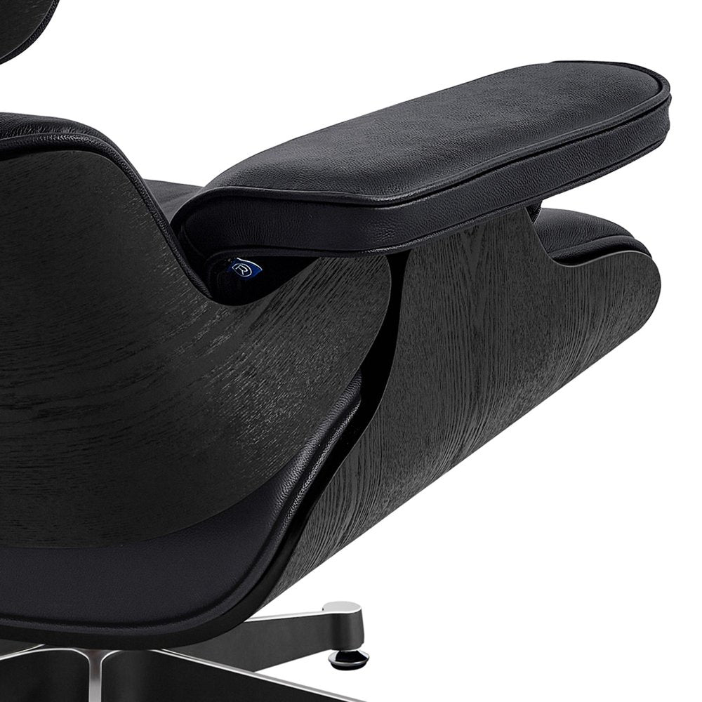 35" Black Genuine Leather Tufted Swivel Lounge Chair With Ottoman
