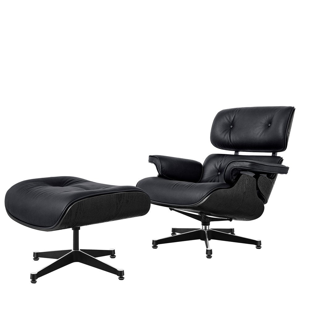 35" Black Genuine Leather Tufted Swivel Lounge Chair With Ottoman