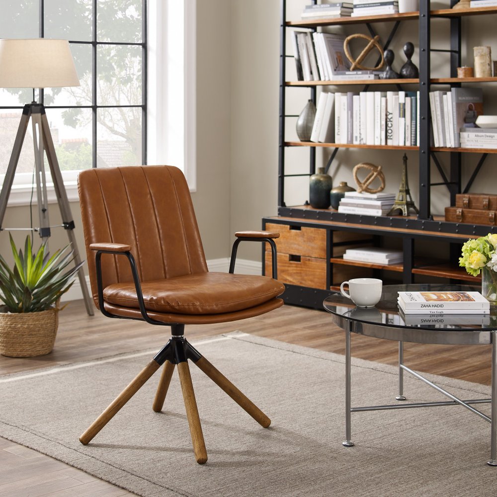 23" Brown Faux Leather Swivel Arm Chair