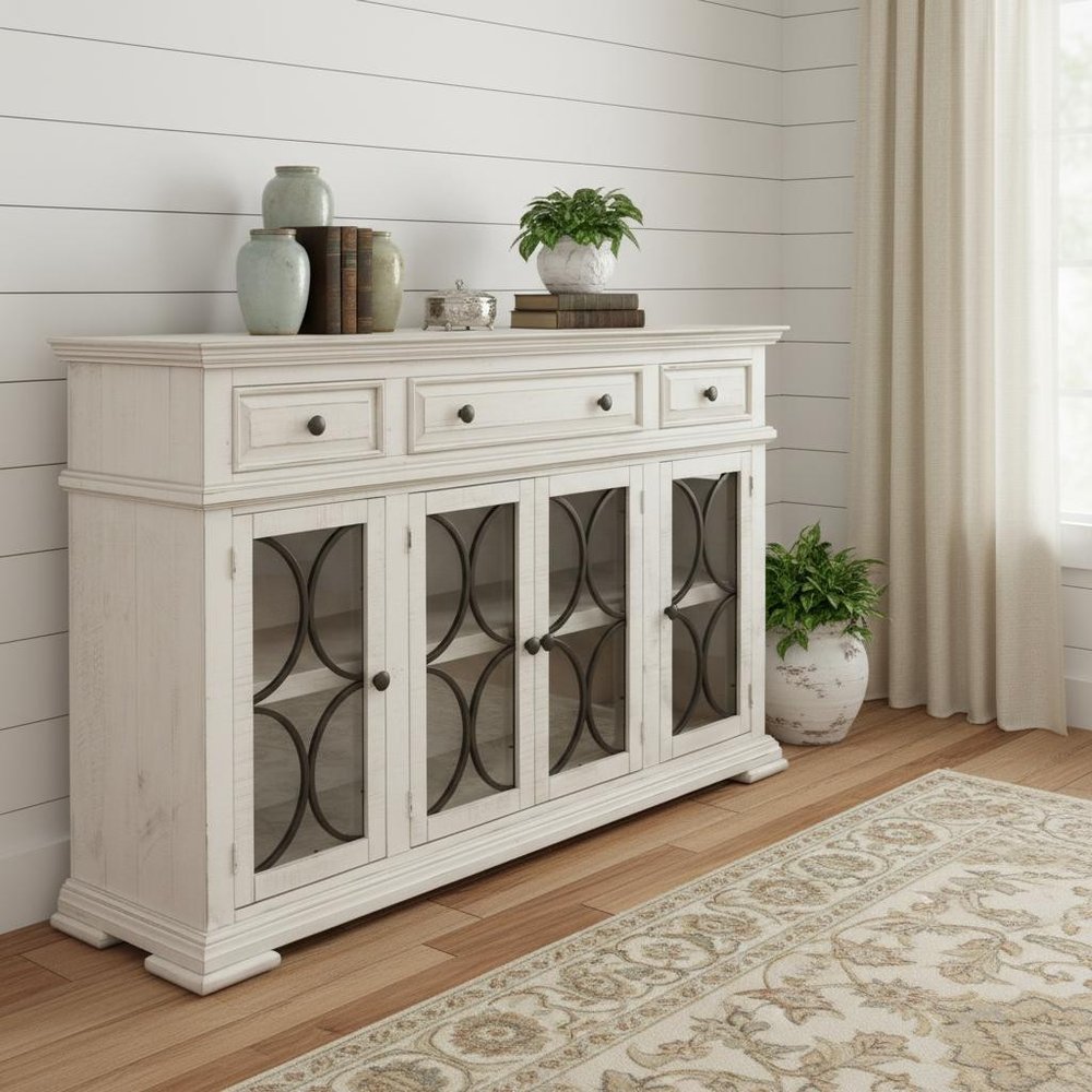 74" Ivory Solid and Manufactured Wood Distressed Credenza