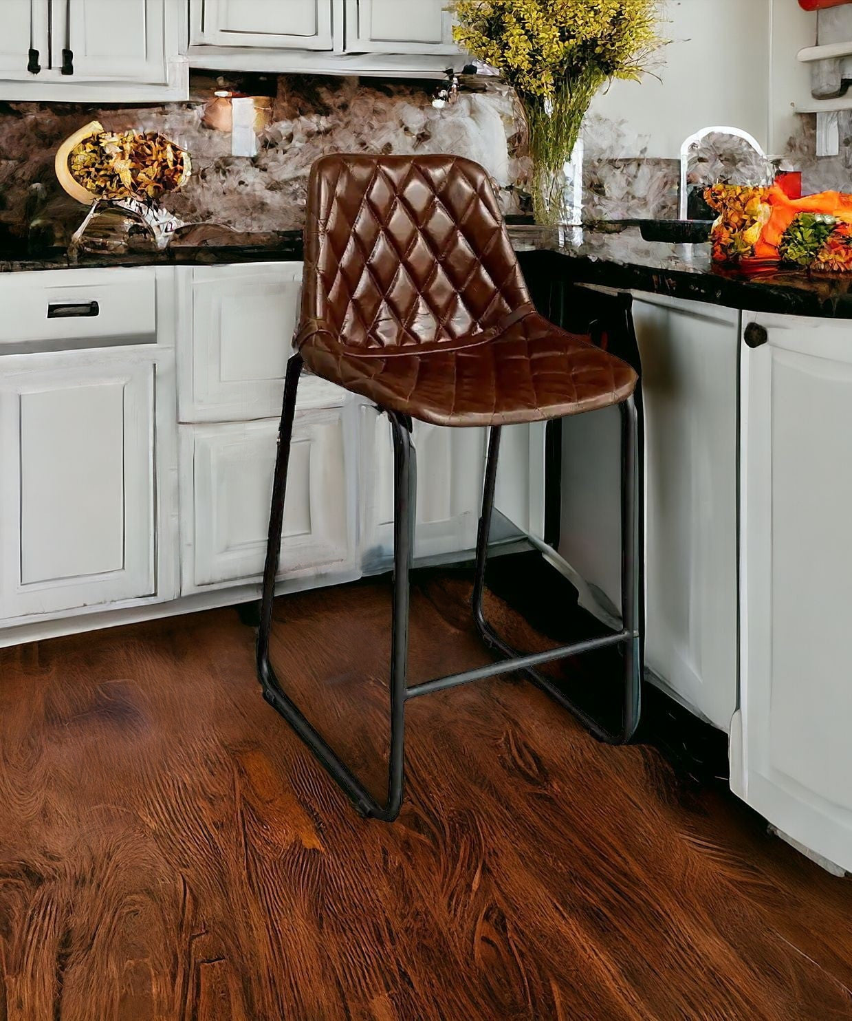 27" Brown and Black Leather and Iron Counter Height Bar Chair