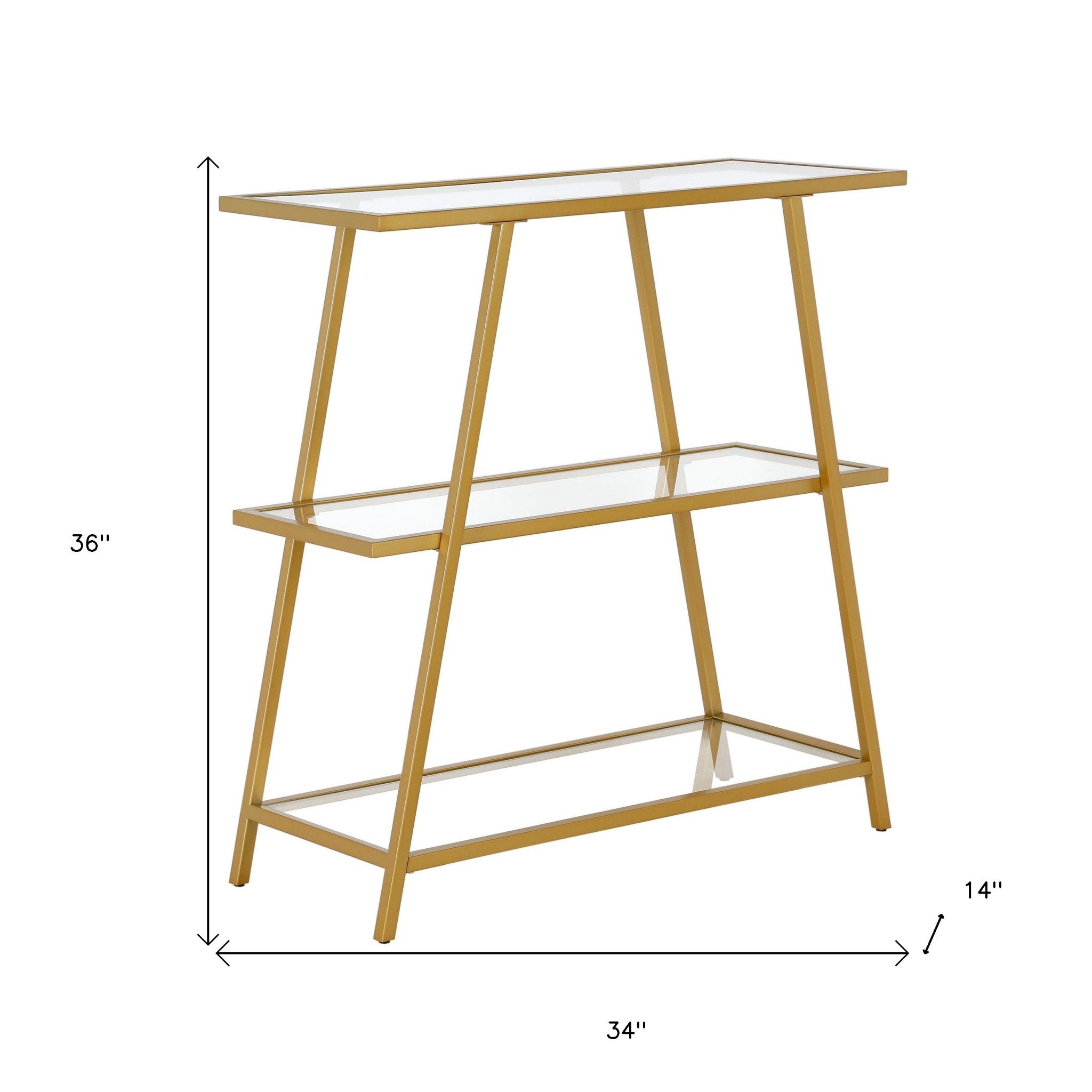36" Gold Metal And Glass Three Tier Etagere Bookcase