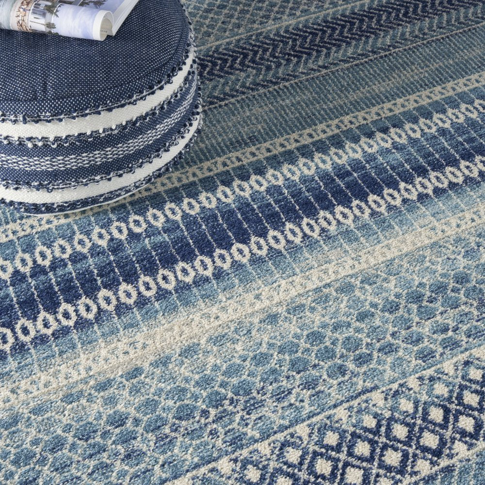 8' Navy Blue Round Floral Power Loom Area Rug