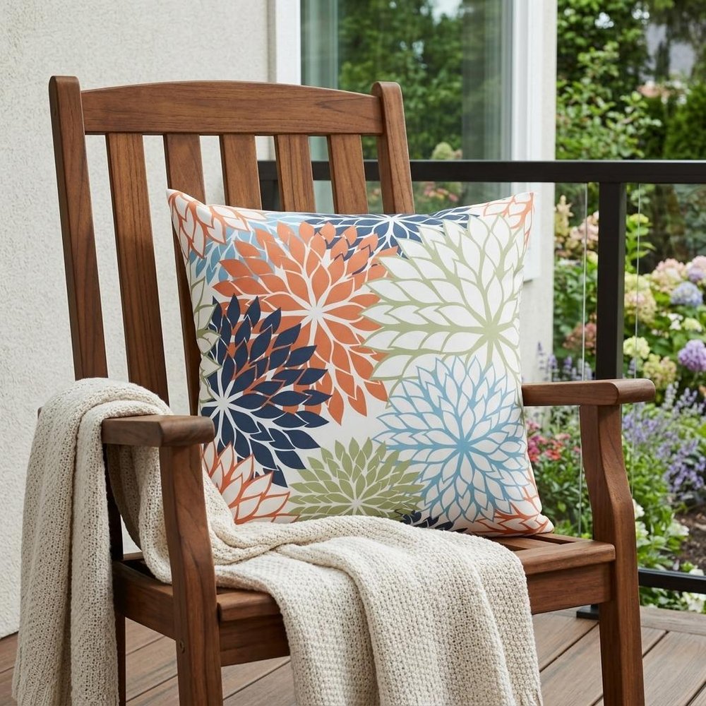 20" Orange Green and Blue Floral Indoor Outdoor Throw Pillow