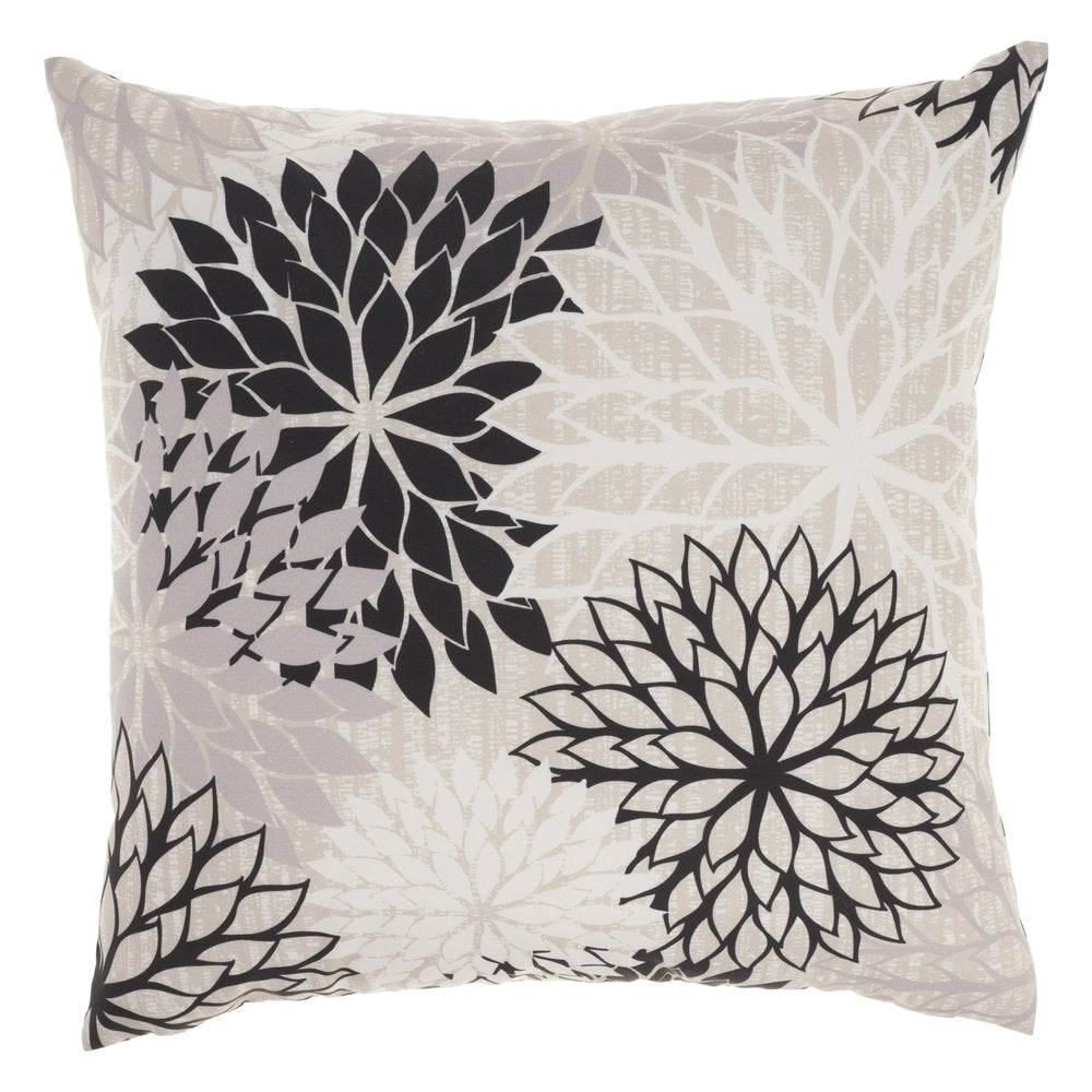20" Black Gray and White Handmade Floral Indoor Outdoor Throw Pillow