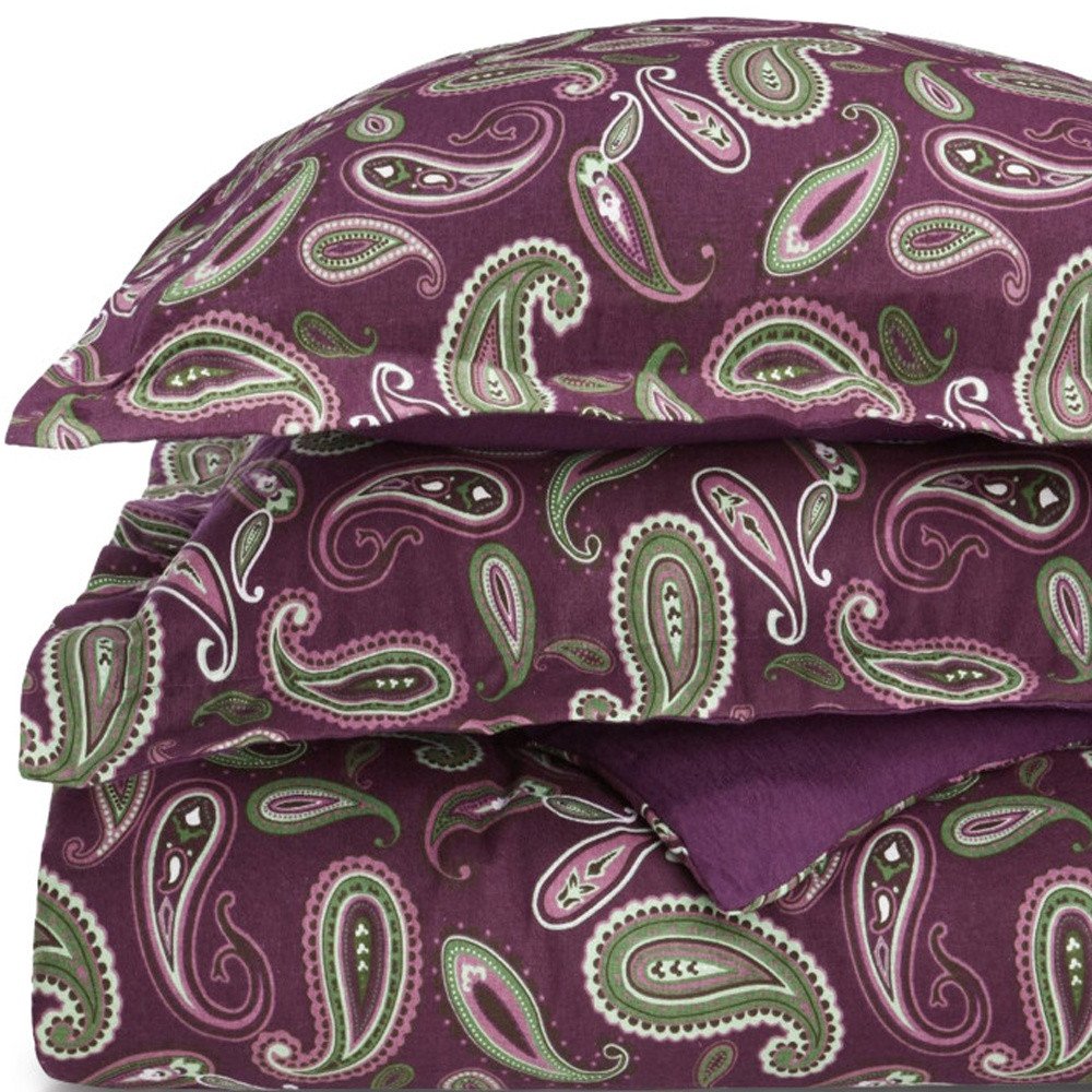 Green Pink And Purple King Flannel Washable Duvet Cover Set With Two Shams