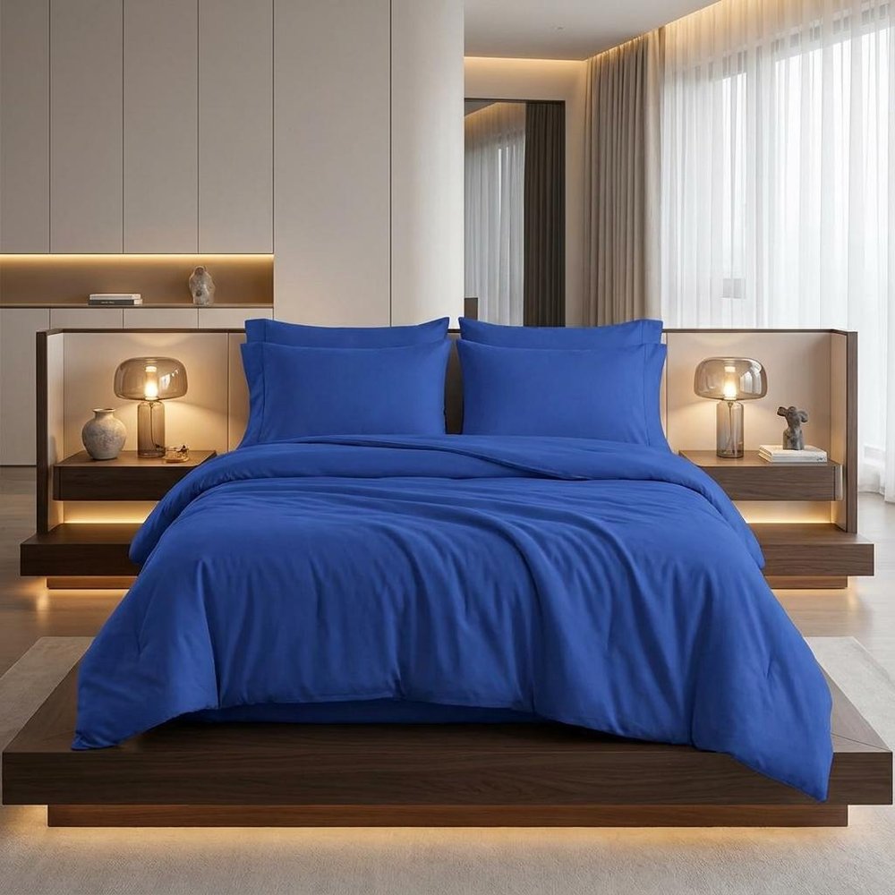 Navy Blue King Cotton Blend Washable Duvet Cover Set With Two Shams