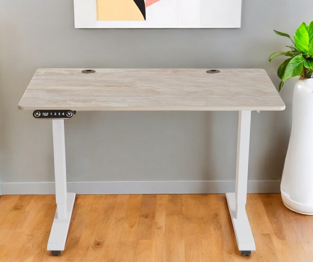 Adjustable Light Khaki and White Wood and Stainless Steel Rolling Computer Desk
